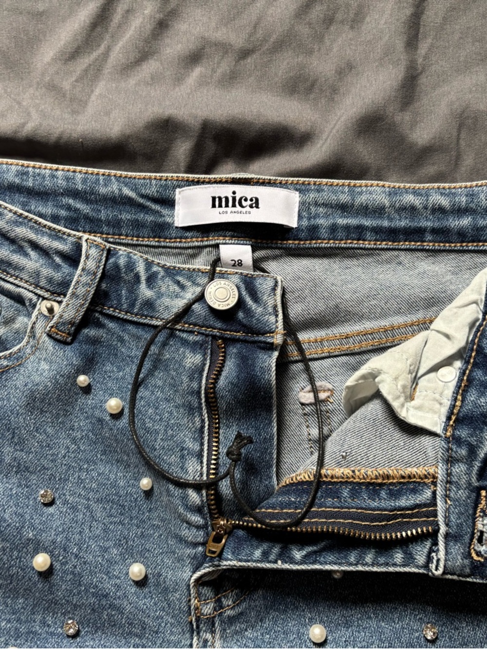 Mica size 28 Pearl and Rhinestone-Embellished Women's Jeans - Light Blue - Picture 3 of 10